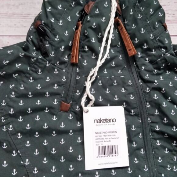 NWT NAKETANO Anchor Print Dark Green High Collar Zip Up Fall Jacket S - Picture 3 of 8